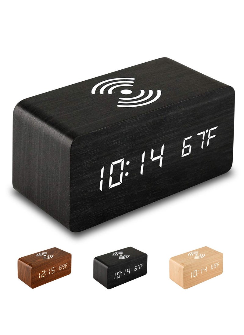 The elegant wooden design adds a natural and modern touch to your office or bedroom.  A digital LED display clearly displays the time, even in the dark.  A multi-time alarm with three customizable alarm times.  A built-in wireless charger compatible with wireless charging devices.  Temperature display in Celsius or Fahrenheit.  The display automatically turns off after a period of time and can be turned back on by voice or touch.  The screen brightness can be controlled.