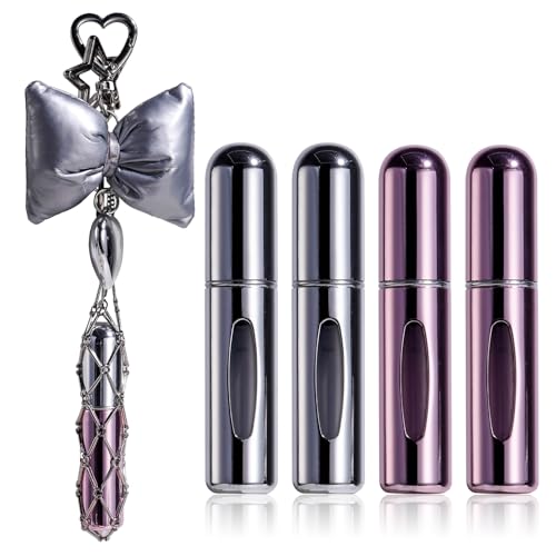 JPNK Stainless Steel Bag Charm Mesh Keychain holder and 4Pcs Mini 5ml Refillable Perfume Portable Atomizer Bottles - Image 1