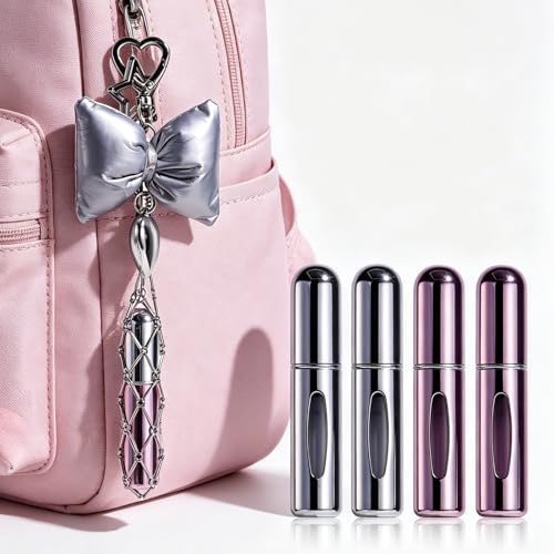 JPNK Stainless Steel Bag Charm Mesh Keychain holder and 4Pcs Mini 5ml Refillable Perfume Portable Atomizer Bottles - Image 2