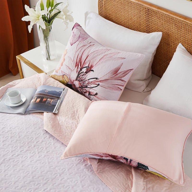 Yogeneg King Size Quilt Set, Elegant Floral Botanical Pattern Pink Bedding Set,3 Piece Lightweight Soft Summer Bedspread Coverlet with 2 PIillow Sham for All Season(Blush Floral,110"x96") - Image 3