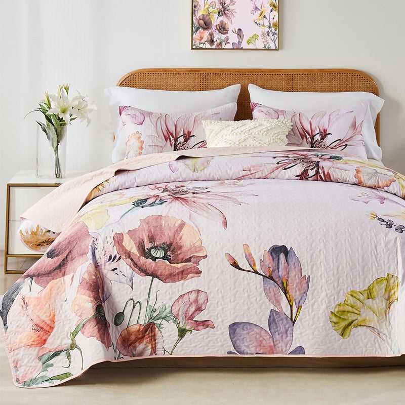 Yogeneg King Size Quilt Set, Elegant Floral Botanical Pattern Pink Bedding Set,3 Piece Lightweight Soft Summer Bedspread Coverlet with 2 PIillow Sham for All Season(Blush Floral,110"x96") - Image 1