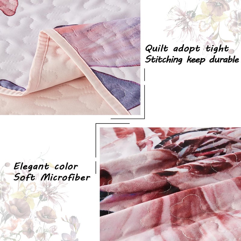 Yogeneg King Size Quilt Set, Elegant Floral Botanical Pattern Pink Bedding Set,3 Piece Lightweight Soft Summer Bedspread Coverlet with 2 PIillow Sham for All Season(Blush Floral,110"x96") - Image 5