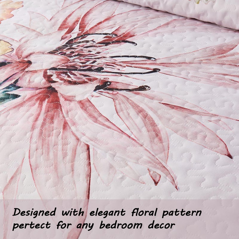 Yogeneg King Size Quilt Set, Elegant Floral Botanical Pattern Pink Bedding Set,3 Piece Lightweight Soft Summer Bedspread Coverlet with 2 PIillow Sham for All Season(Blush Floral,110"x96") - Image 4