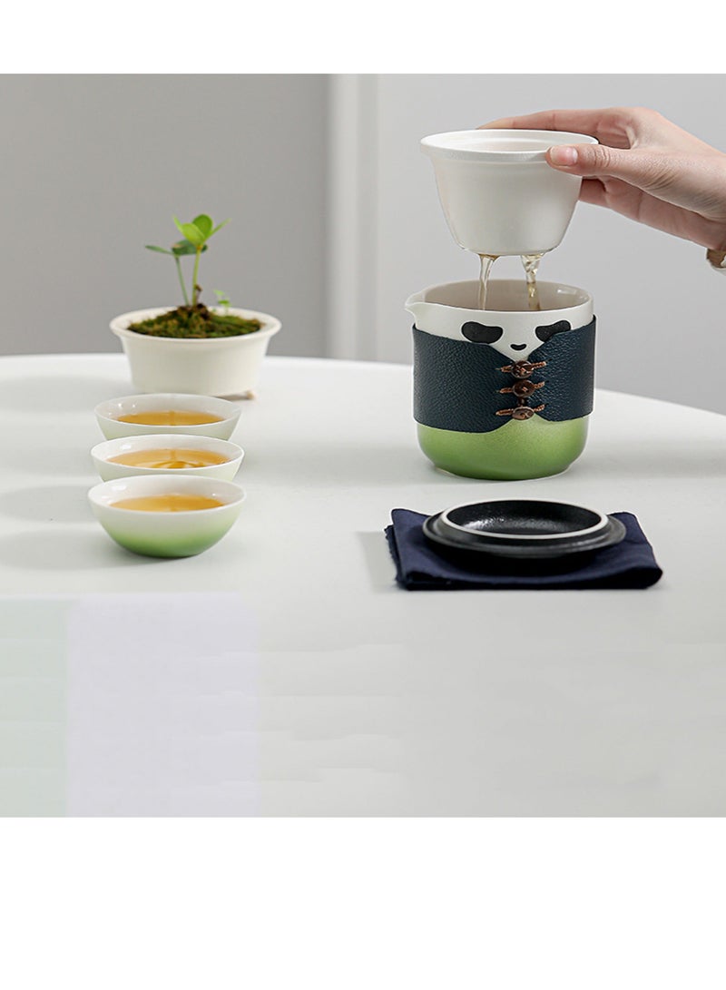 Travel Tea Set for kung fu Panda Tea 13oz Ceramic Chinese Teapot Chinese Tea Set with 4 Ceramic Teacups Tea Cup with Lid Tea Strainer and Portable Bag Ideal for Home Office Tea Lovers Green - Image 1