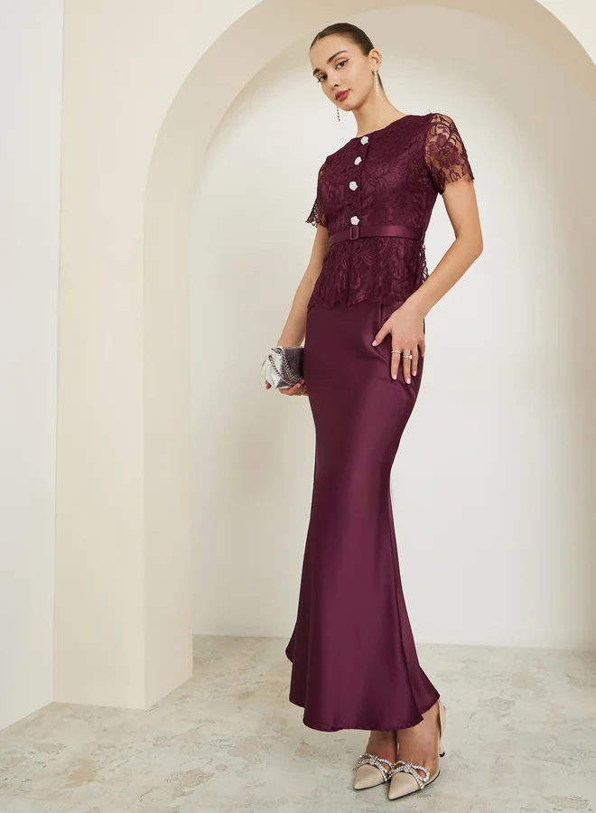 Burgundy Lace Buttoned Satin Maxi Dress