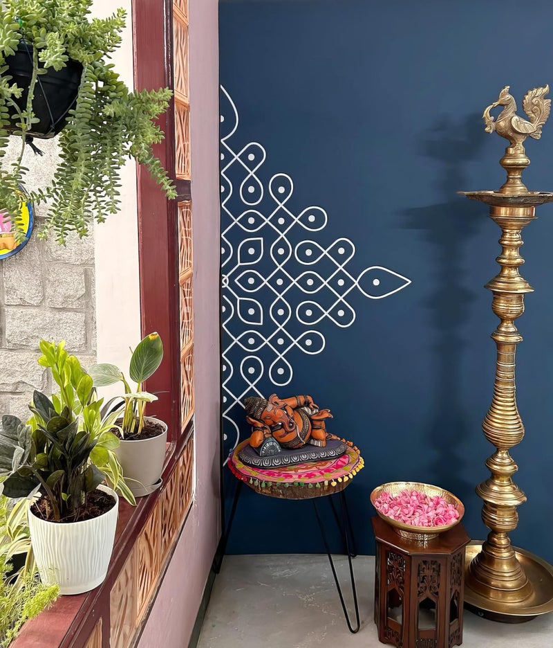 WallDesign Vinyl Self-Adhesive Half Kolam Rangoli Wall Stickers (25x50inch) - Artistic Indian Decor for Walls - White Colour - Image 1