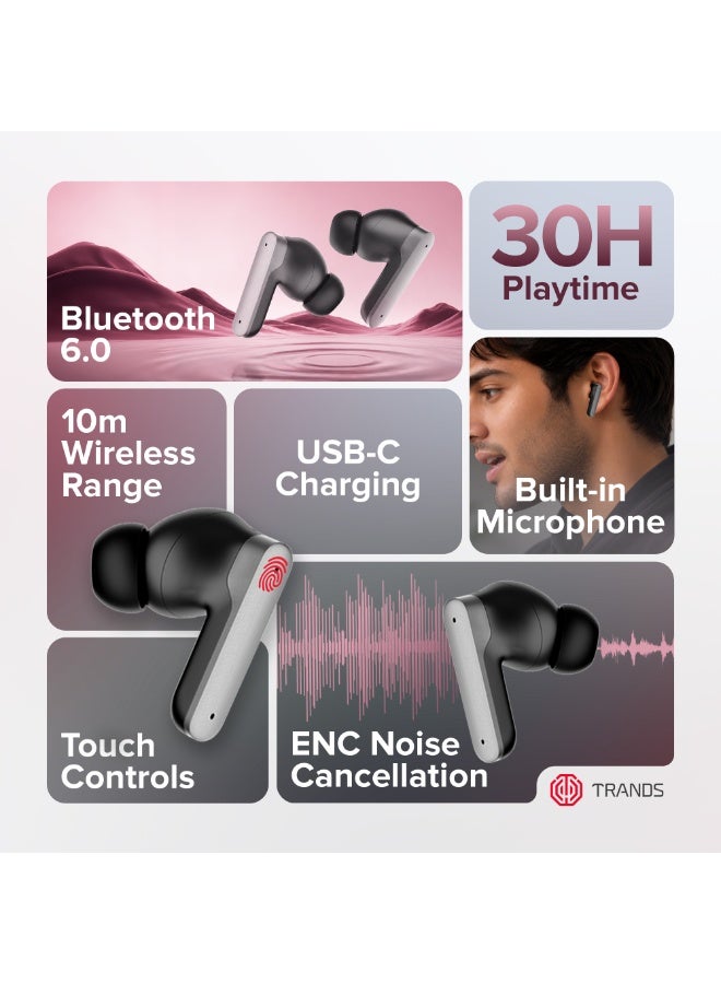 Trands TWS24 Octo Buds Wireless Earbuds with Active Noise Cancelling (ANC), 4-Mic ENC, Bluetooth 6.0 & 30 Hours Playtime - Black - Image 2