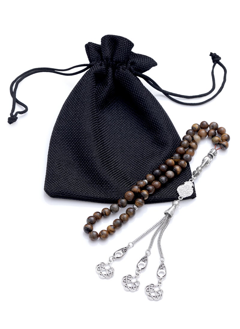 Subhati Prayer Beads (Misbah) with metal Parts and  Tiger Eye Stone | 8 MM Beads - 45 Pcs |Gandeel Writing 6  - Image 3