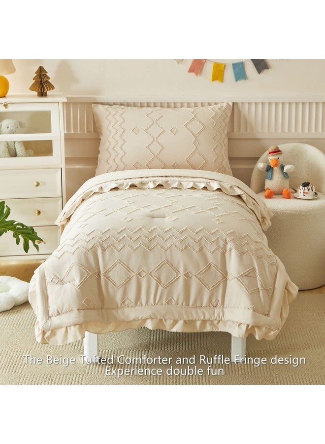 AIKASY Toddler Bedding Set 4 Pieces Super Soft Comforter Set, Shabby Boho Bohemian Design for Boys and Girls（Ruffle Fringe Comforter, Flat Sheet, Fitted Sheet and Pillowcase）- Khaki - Image 2
