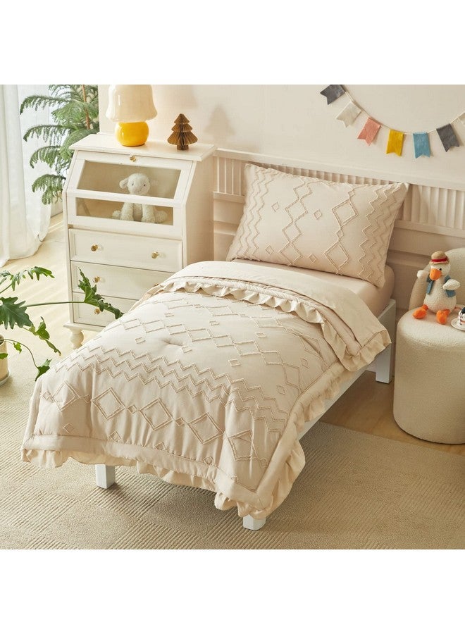 AIKASY Toddler Bedding Set 4 Pieces Super Soft Comforter Set, Shabby Boho Bohemian Design for Boys and Girls（Ruffle Fringe Comforter, Flat Sheet, Fitted Sheet and Pillowcase）- Khaki - Image 1