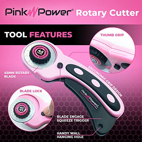Pink Power Rotary Cutter Set with Ergonomic Handle Fabric Cutter Wheel for Sewing, Quilting, Crafting, and Scrapbooking and 45mm Rotary Cutter Blade (Rotary Cutter) - Image 4
