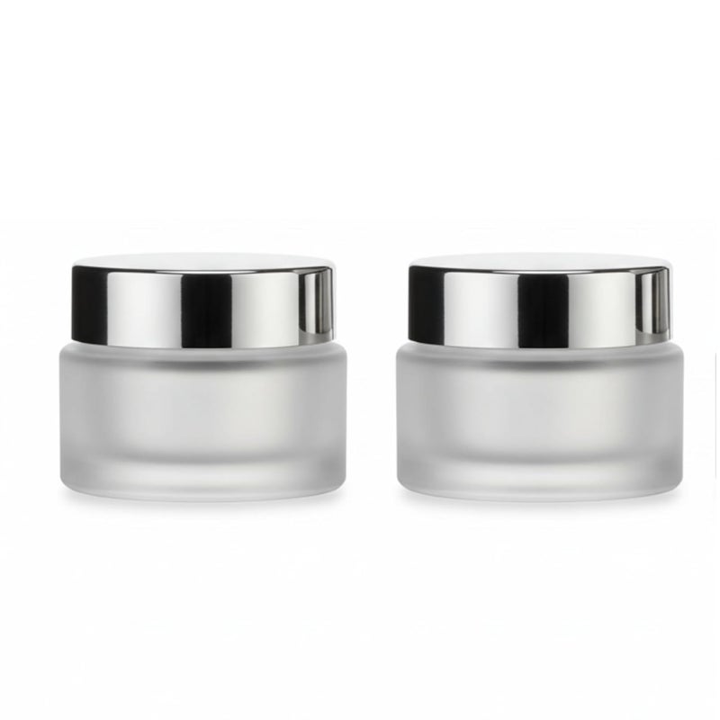 Devinez Multipurpose (Pack of 2) Round Frost Glass Cosmetic Jars,50gm with Inner Liners and Silver Lids, Travel Jars, Refillable for Makeup, Cream, Lotion, Sugar Scrubs, Eye Shadow Paint, Jewelry - Image 1