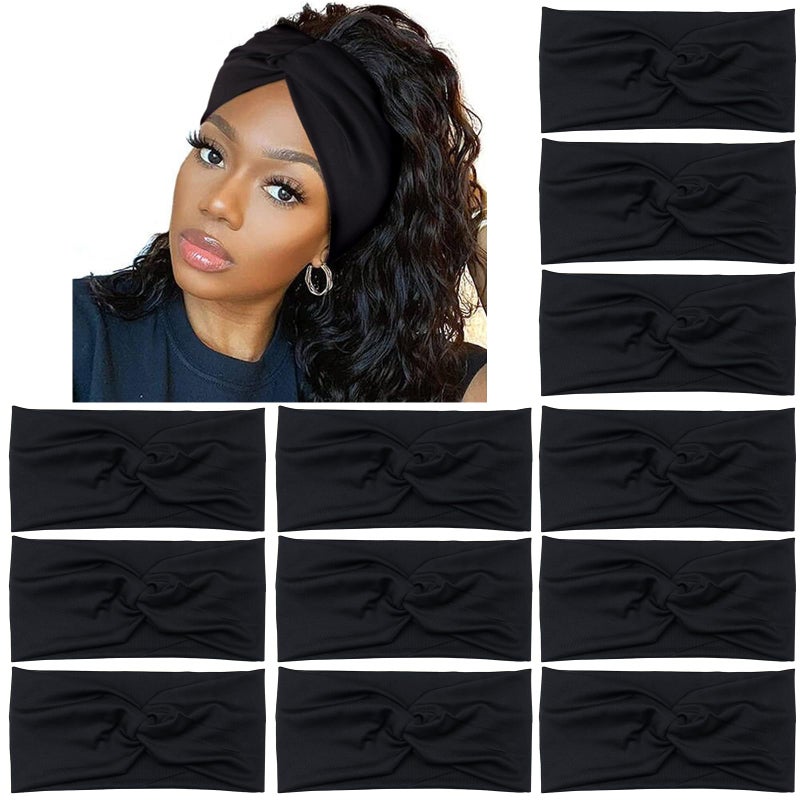Yeshan Black Headbands for Women No slip Wide Stretchy Headbands Twist Knotted Headbands Yoga Workout Sport Hair bandsPack of 12