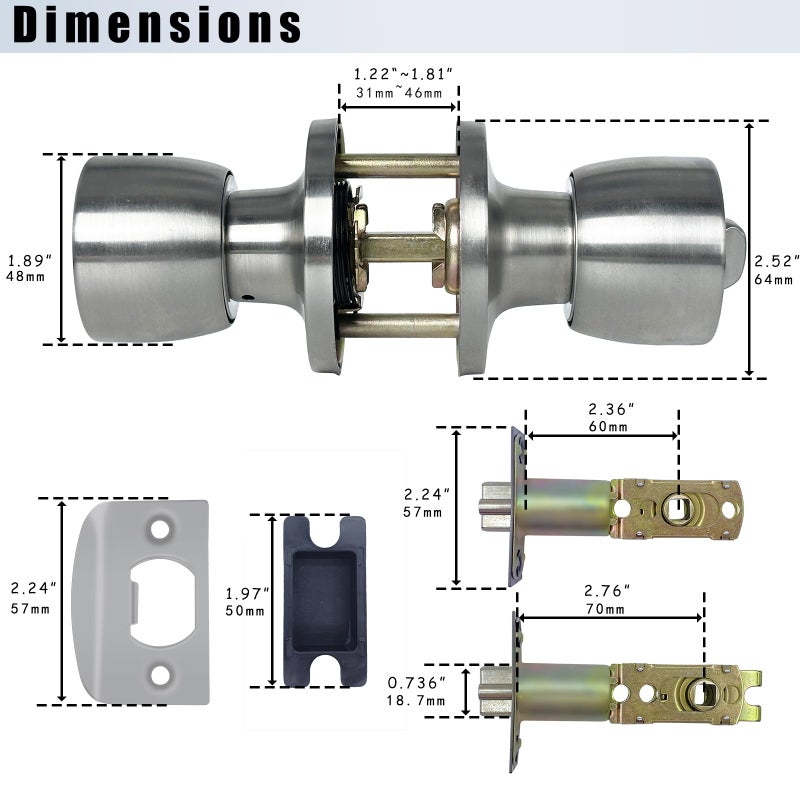 DSJJBLL Satin Nickel Door Knob with Lock and Key Round Ball Lock Interior/Exterior Door Knob for Bedroom Or Bathroom (1 Pack) - Image 2