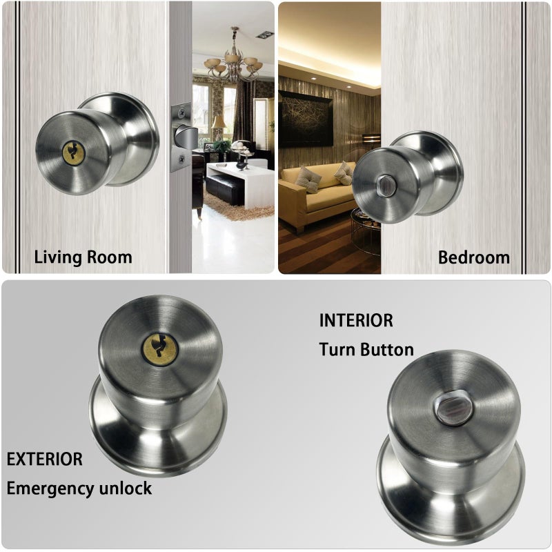 DSJJBLL Satin Nickel Door Knob with Lock and Key Round Ball Lock Interior/Exterior Door Knob for Bedroom Or Bathroom (1 Pack) - Image 4
