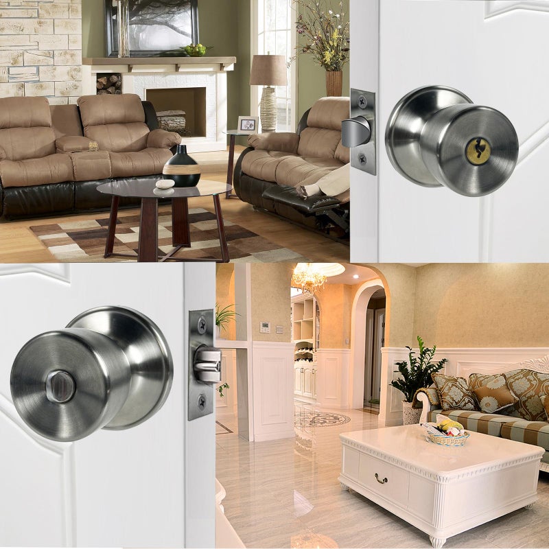 DSJJBLL Satin Nickel Door Knob with Lock and Key Round Ball Lock Interior/Exterior Door Knob for Bedroom Or Bathroom (1 Pack) - Image 3