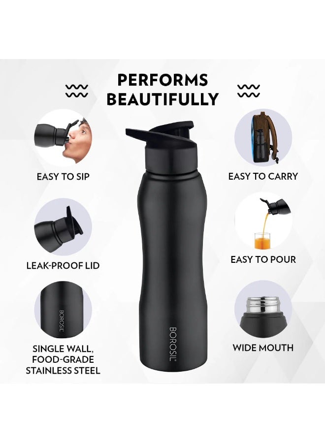 BOROSIL زجاجة ماء من الفولاذ المقاوم للصدأ Grip-n-Sip سوداء، 750 مل - Image 2