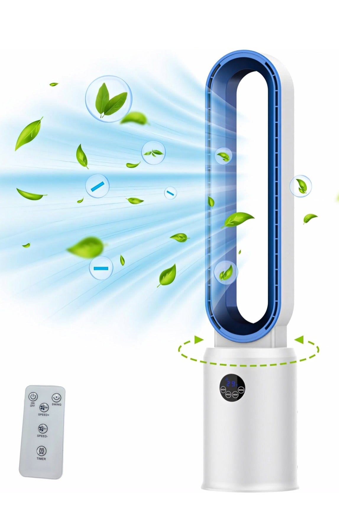 Bladeless Tower Fan with Remote, Air Circulator Cooling Fan for Indoor Use, 24 Speeds Settings, 12 Timer, Quiet Oscillating Fan for Home Bedroom, Office, Living Room, White+Blue