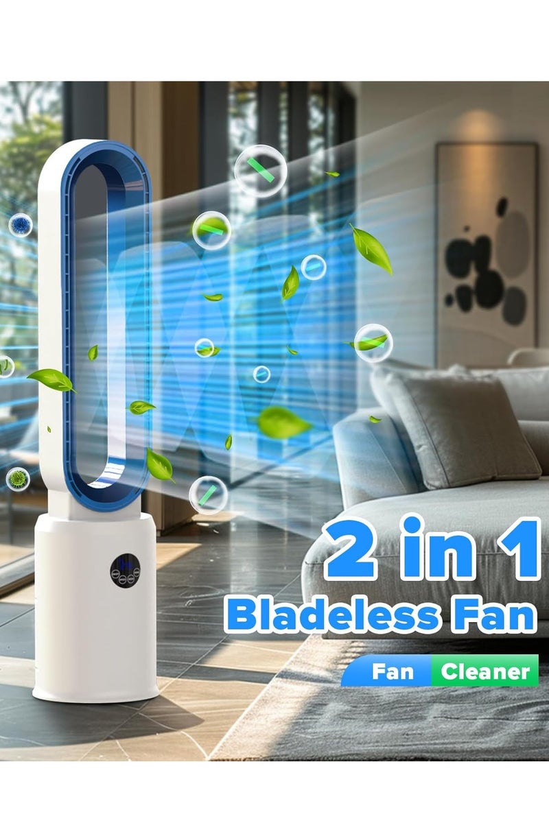 اوٹل مروحة برج بدون شفرات مع مروحة تبريد عن بعد ، مروحة تبريد دائرية الهواء للاستخدام الداخلي ، 24 إعدادات للسرعة ، 12 مؤقت ، مروحة متذبذبة هادئة لغرفة النوم المنزلية ، المكتب ، غرفة المعيشة ، أبيض + أزرق - Image 2