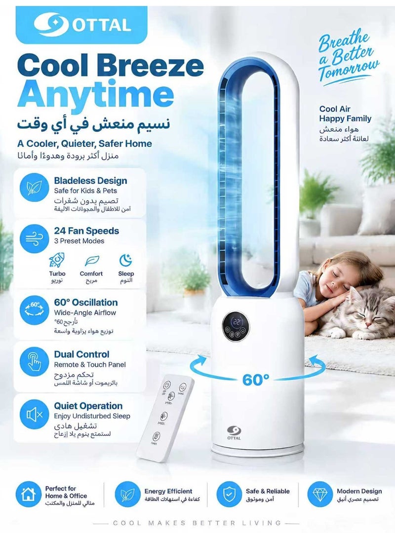 OTTAL Bladeless Tower Fan with Remote, Air Circulator Cooling Fan for Indoor Use, 24 Speeds Settings, 12 Timer, Quiet Oscillating Fan for Home Bedroom, Office, Living Room, White+Blue - Image 1