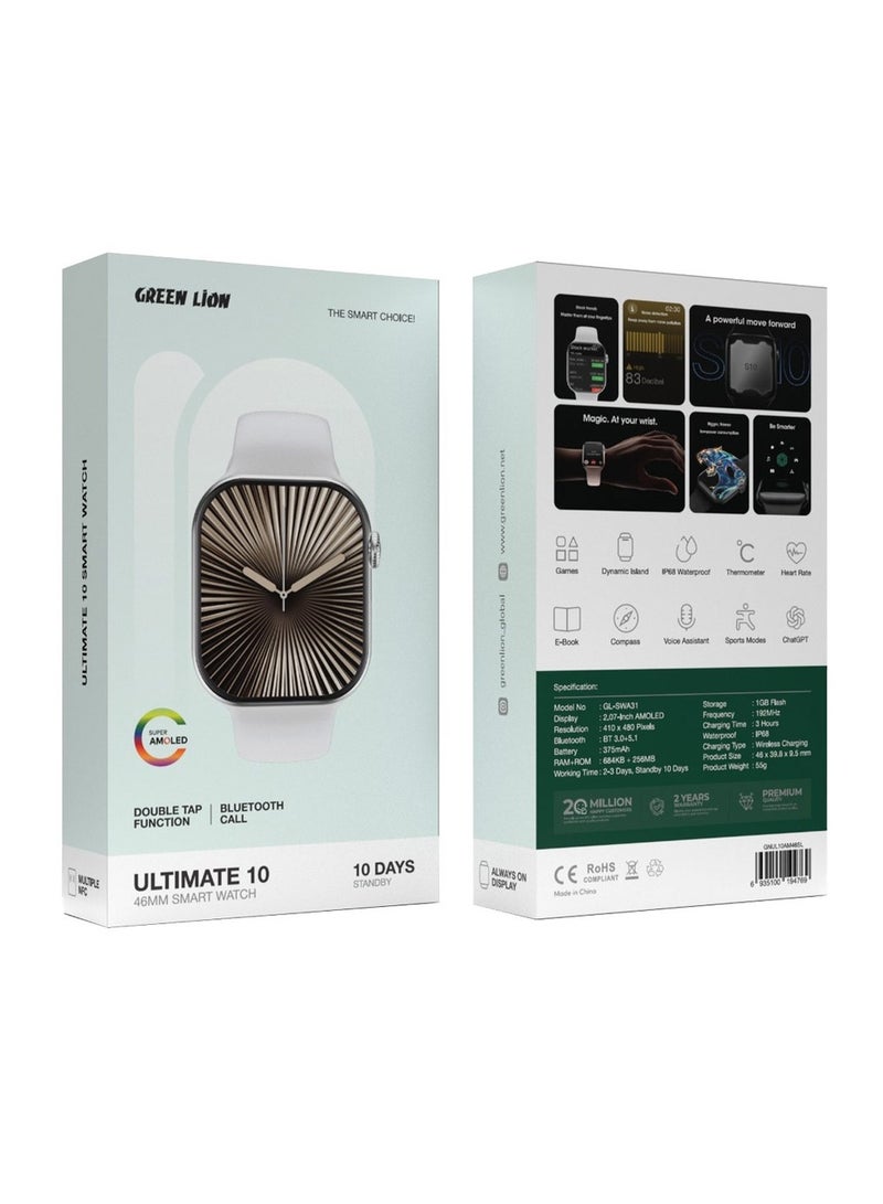 GREEN LION Ultimate 10 46MM Smart Watch /AMOLED Display 2.07inch / Storage 1GB Flash / Bluetooth Call / Games / Dynamic Island /Thermometer / Heart rate / E-Book / Compass / ChatGPT - Silver - Image 2