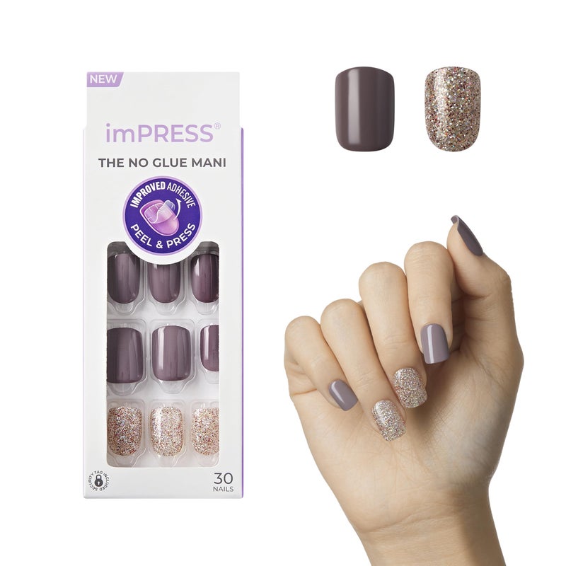 Impress KISS imPRESS Press-On Manicure, Nail Kit, PureFit Technology, Short Press-On Nails, Square, 'Flawless', Includes Prep Pad, Mini Nail File, Cuticle Stick, and 30 Fake Nails Purple and Silver - Image 1