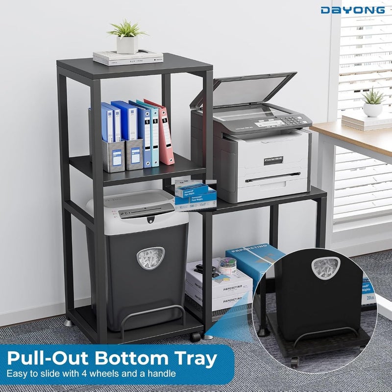 Printer Stand with Storage Shelves Heavy Duty 3-Tier Office Organizer Printer Shredder Stand for Home Office Table for Fax Machine PC Tower Black - Image 4