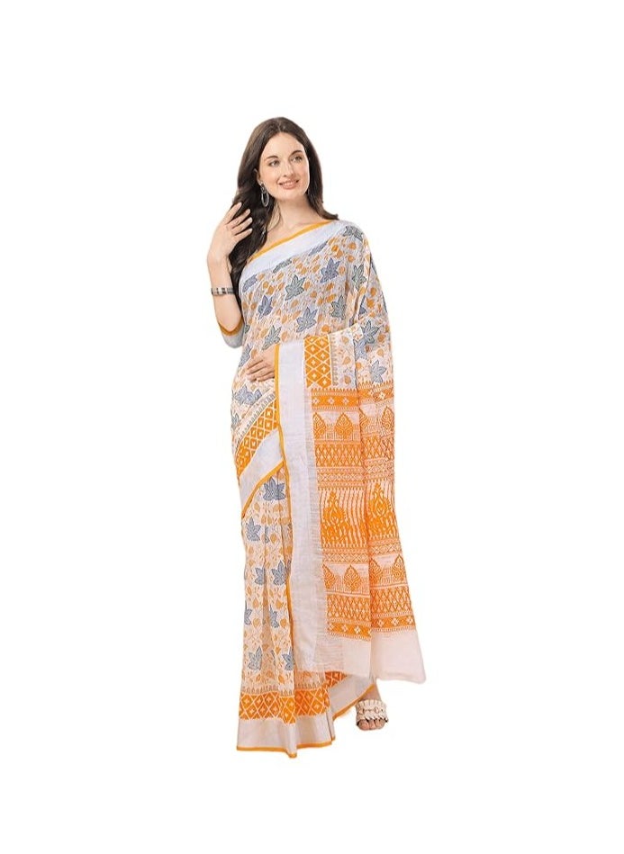 Accessorize Kingdom - Women's Printed Cotton Linen Saree With Unstitched Blouse Piece - Image 1