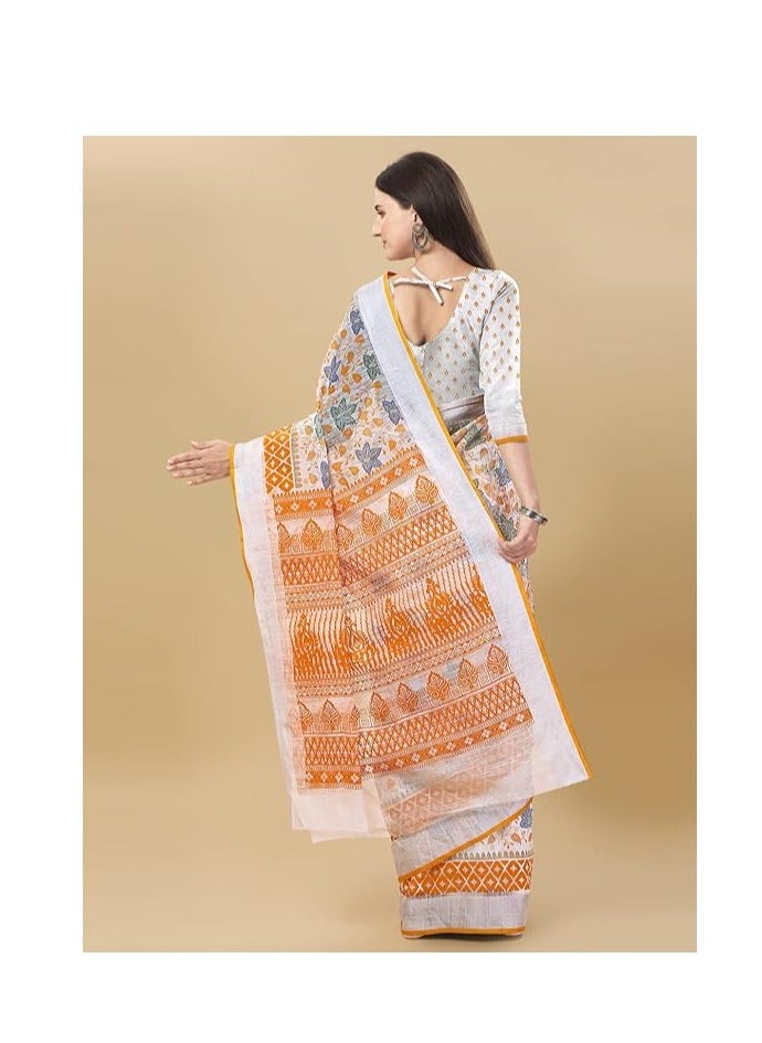 Accessorize Kingdom - Women's Printed Cotton Linen Saree With Unstitched Blouse Piece - Image 1