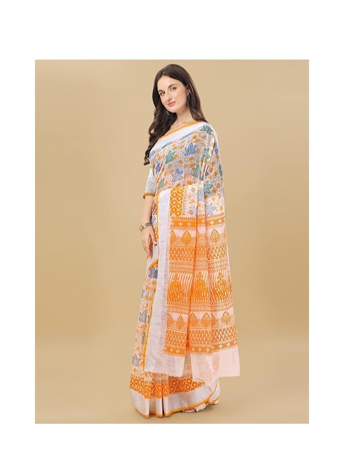 Accessorize Kingdom - Women's Printed Cotton Linen Saree With Unstitched Blouse Piece - Image 1