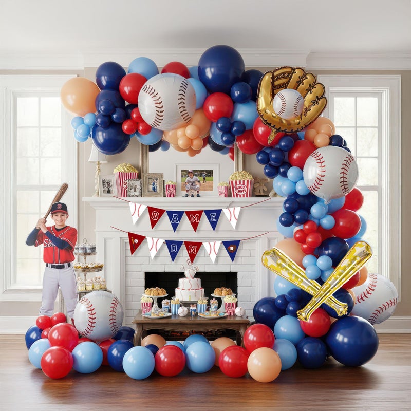 yeewaka Baseball Balloon garland kit 170pcs Navy Blue Red White and Diy large Starburst Baseball bat glove balloons fot Sport theme Party Rookie Year 1st Birthday decorations - Image 1