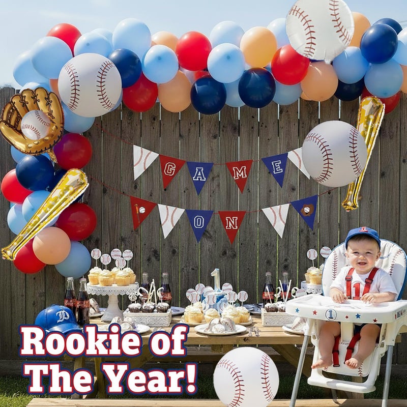 yeewaka Baseball Balloon garland kit 170pcs Navy Blue Red White and Diy large Starburst Baseball bat glove balloons fot Sport theme Party Rookie Year 1st Birthday decorations - Image 3