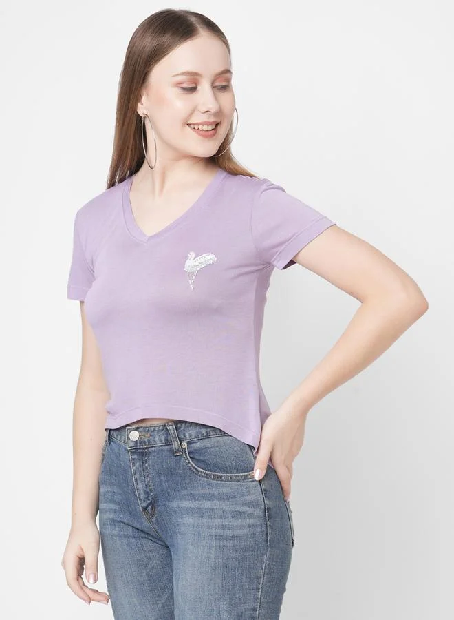 Mish Mish Women Purple Embroidered Bird Detail Short Sleeve T-Shirt