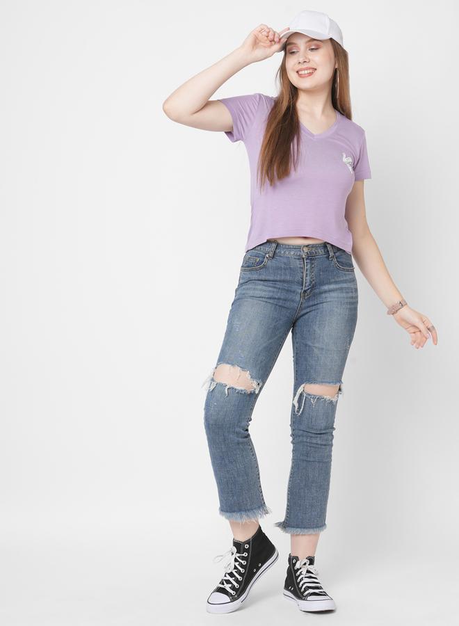 Mish Women Purple Embroidered Bird Detail Short Sleeve T-Shirt - Image 4