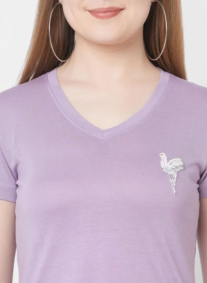 Mish Mish Women Purple Embroidered Bird Detail Short Sleeve T-Shirt