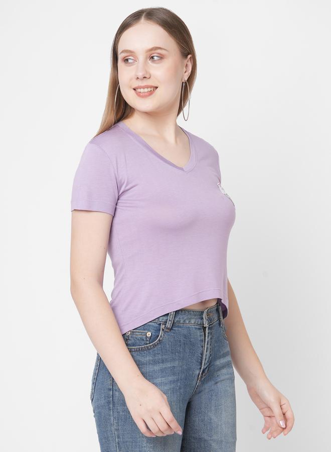 Mish Women Purple Embroidered Bird Detail Short Sleeve T-Shirt - Image 3