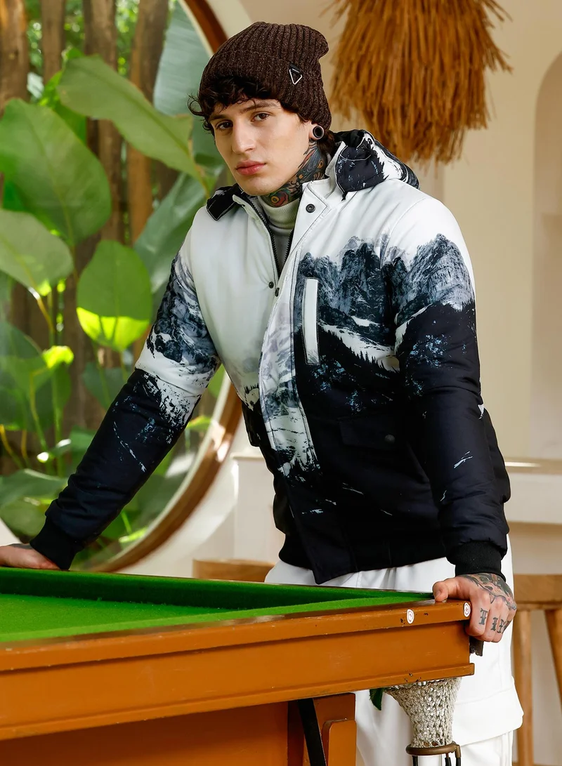 Men's Snowcaps Zip-Front Puffer Jacket | Stand Collar , Ribbed Cuff Sleeves , Flap-Button Closure , Rib-Straight Hem | Digital Placement Print Woven Plain For Casual & Daily | Black