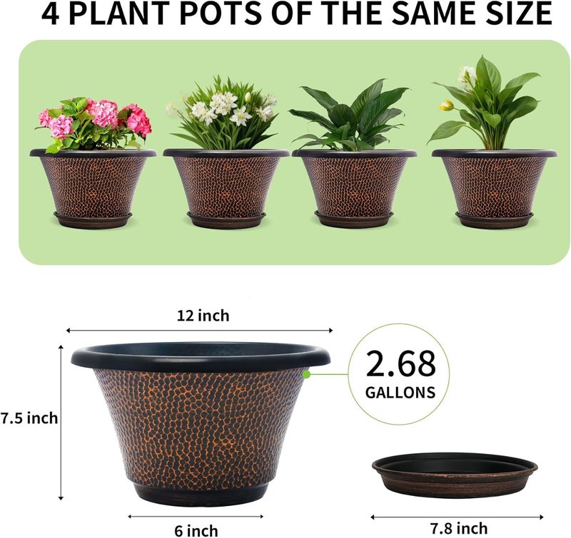 Quarut 12 Inch Pots for Plants,4 Pack Large Flower Pots with Drainage Hole & Saucer,Modern Planters for Indoor Outdoor Plants,Decorative Resin Garden Pots Brown - Image 5