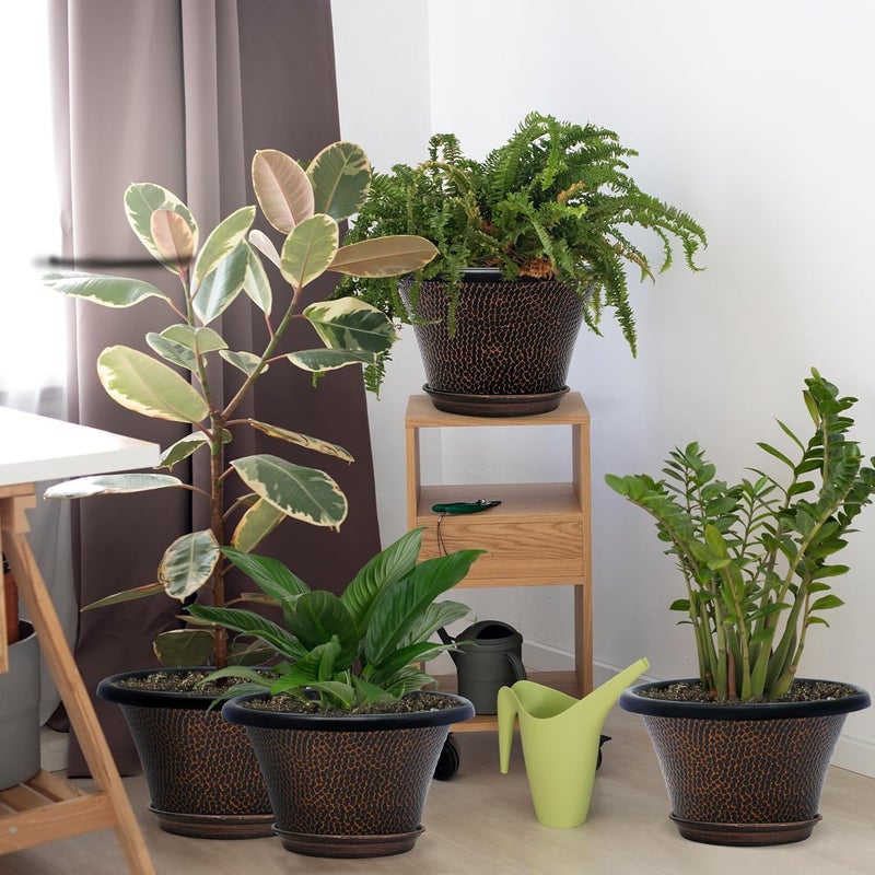 Quarut 12 Inch Pots for Plants,4 Pack Large Flower Pots with Drainage Hole & Saucer,Modern Planters for Indoor Outdoor Plants,Decorative Resin Garden Pots Brown - Image 4