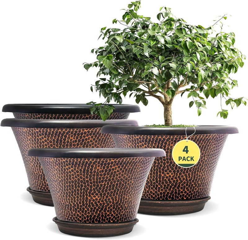 Quarut 12 Inch Pots for Plants,4 Pack Large Flower Pots with Drainage Hole & Saucer,Modern Planters for Indoor Outdoor Plants,Decorative Resin Garden Pots Brown - Image 1