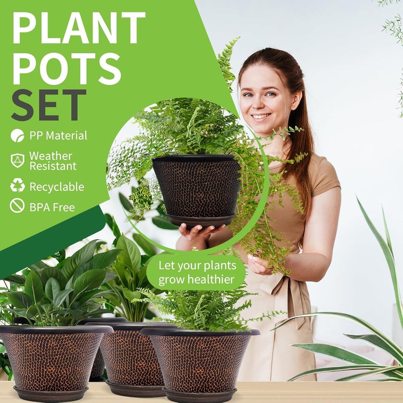 Quarut 12 Inch Pots for Plants,4 Pack Large Flower Pots with Drainage Hole & Saucer,Modern Planters for Indoor Outdoor Plants,Decorative Resin Garden Pots Brown - Image 2