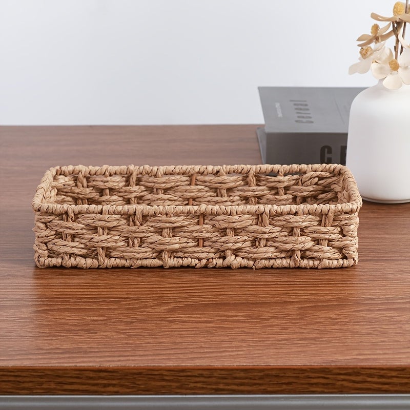 1pc Fashionable Japanese-style Light Brown Square Handmade Paper Woven Basket Desktop Sundries Organizer Cosmetic Storage Basket, Shelf Baskets - Image 4