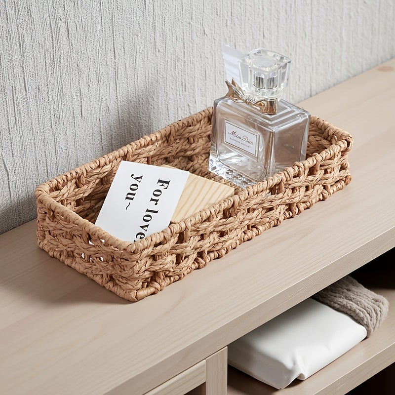 1pc Fashionable Japanese-style Light Brown Square Handmade Paper Woven Basket Desktop Sundries Organizer Cosmetic Storage Basket, Shelf Baskets - Image 2