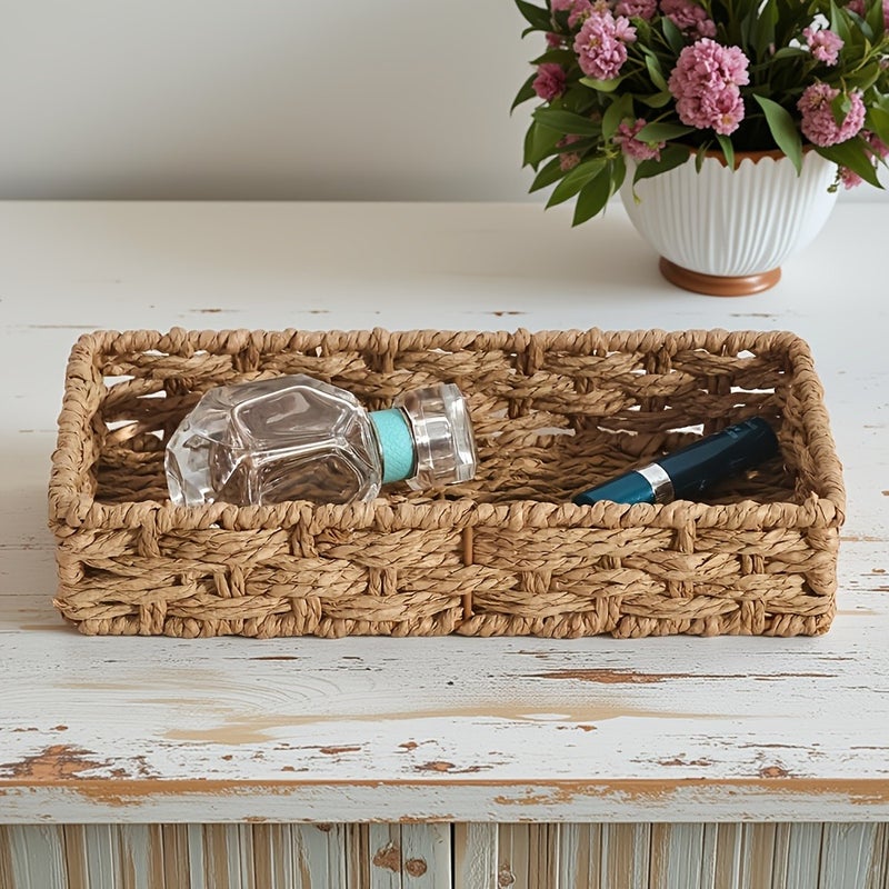 1pc Fashionable Japanese-style Light Brown Square Handmade Paper Woven Basket Desktop Sundries Organizer Cosmetic Storage Basket, Shelf Baskets - Image 1