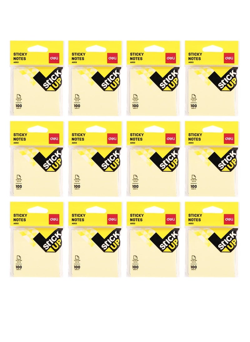 Deli 12-Pad Sticky Notes 3x3 Inch Size Yellow Colour - Image 1