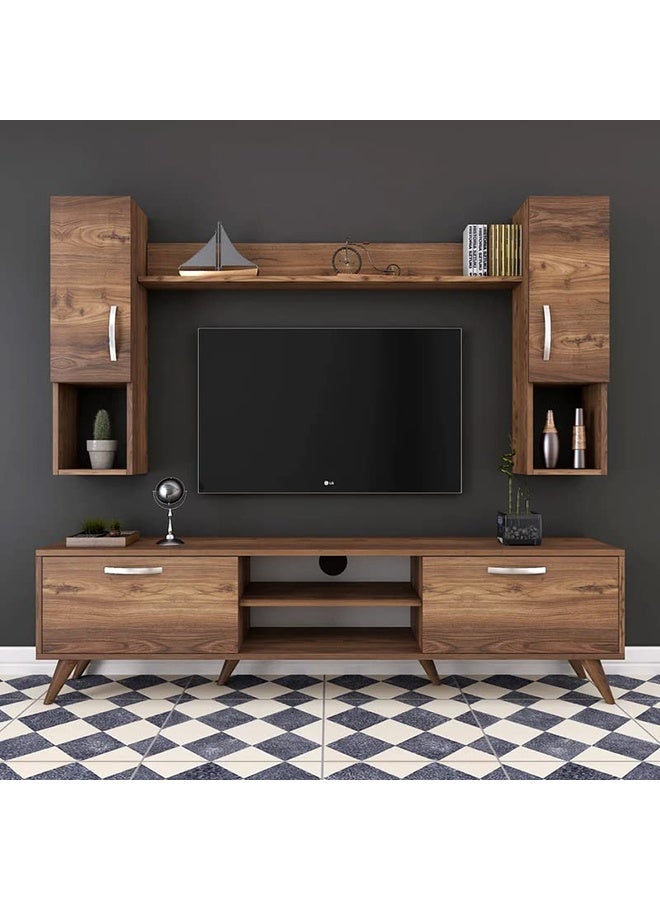 Home Canvas Home Canvas Tv Unit With Wall Shelf Tv Stand With Bookshelf Wall Mounted With Shelf Modern Leg 180 cm - Walnut  - Image 4