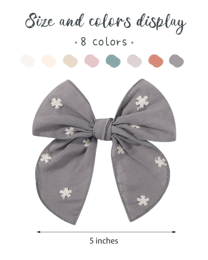 doboi 8PCS Baby Girls Hair Clips Fable Hair Bows Cotton Linen Bows for Girls Hair Accessories for Baby Toddlers Kids - Embroidery - Image 2
