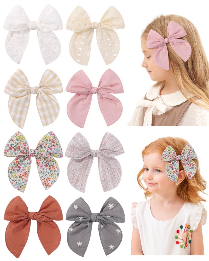 doboi 8PCS Baby Girls Hair Clips Fable Hair Bows Cotton Linen Bows for Girls Hair Accessories for Baby Toddlers Kids - Embroidery - Image 1