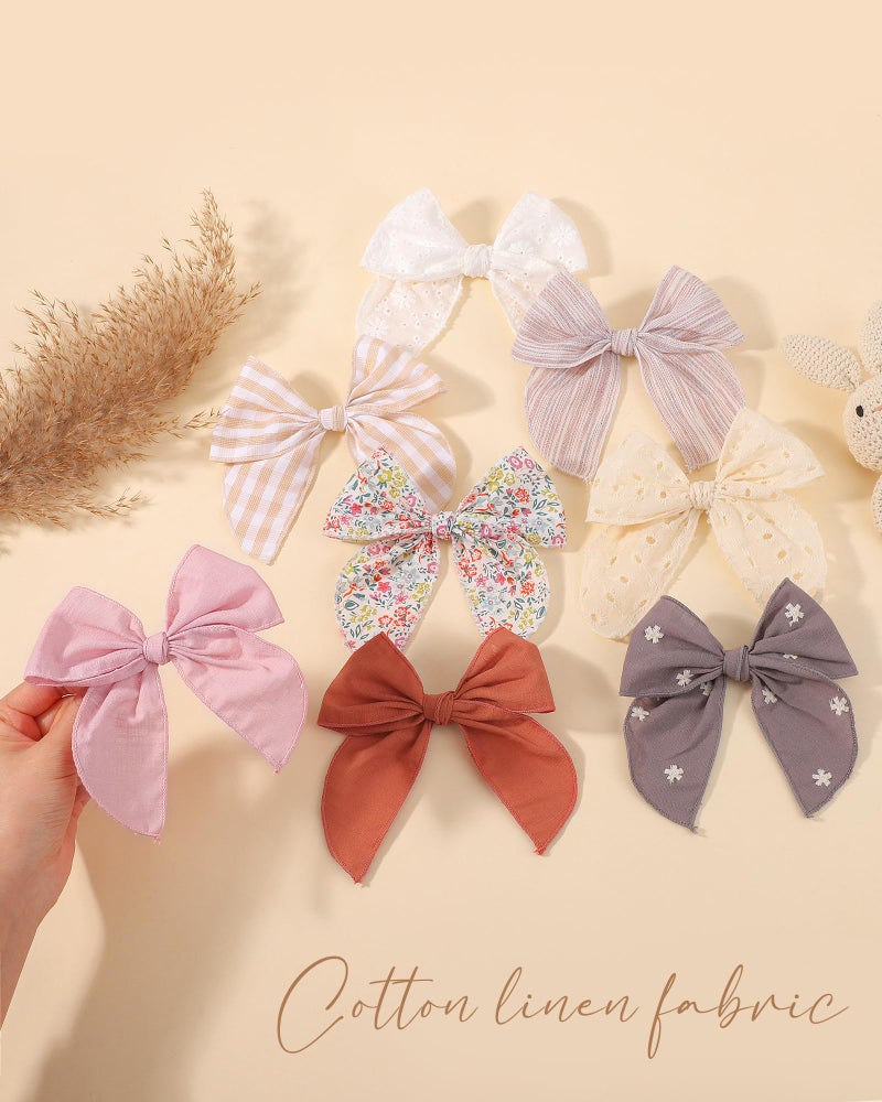 doboi 8PCS Baby Girls Hair Clips Fable Hair Bows Cotton Linen Bows for Girls Hair Accessories for Baby Toddlers Kids - Embroidery - Image 5
