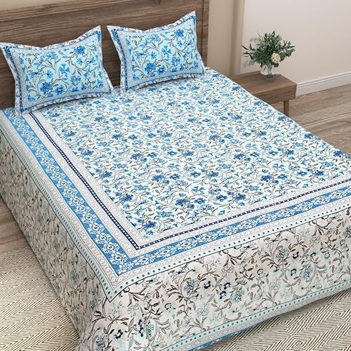 EasyGoods® Pure Cotton Ethnic Jaipuri Printed Double Bedsheet with 2 Pillow Covers | Soft & Breathable 240 TC Fabric | Traditional Rajasthani Design for Elegant Home Decor (Azure Blue) - Image 3